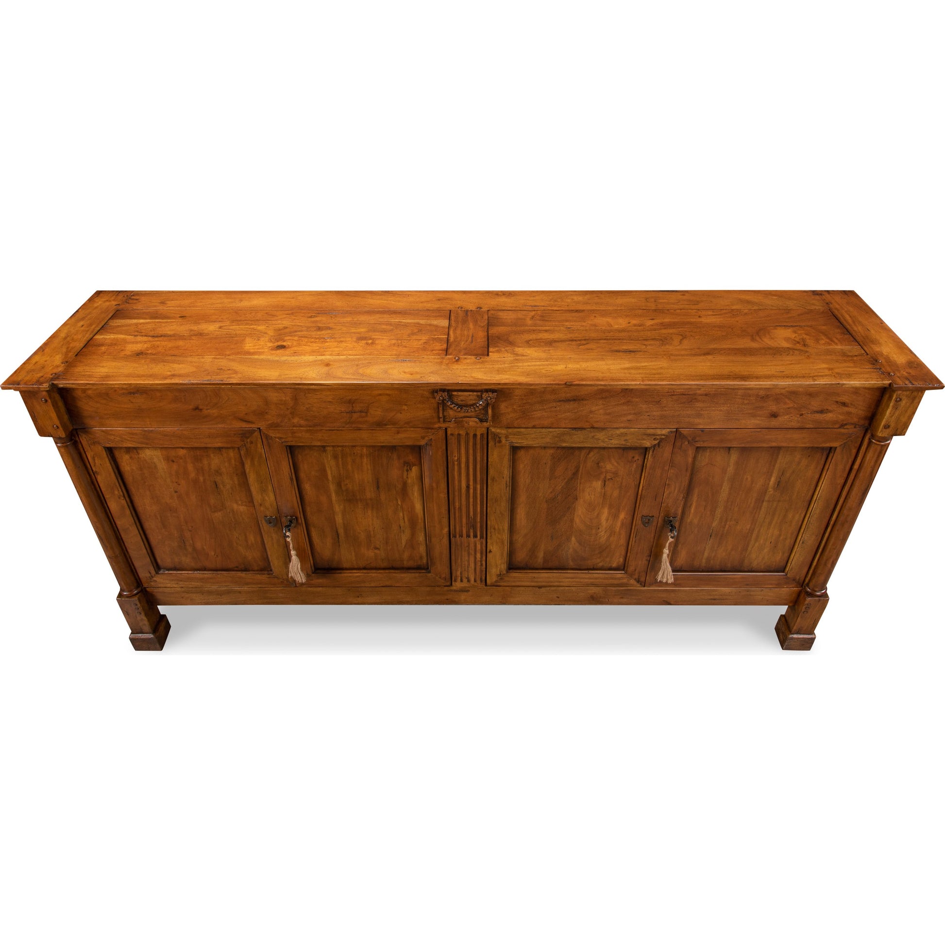 Caracoly Credenza by Sarreid Ltd. in brown and fruitwood finish 2 adj. shelves. Made from solid walnut in a rustic style.
