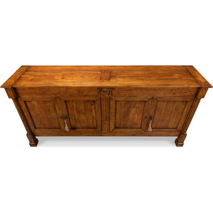 Caracoly Credenza by Sarreid Ltd. in brown and fruitwood finish 2 adj. shelves. Made from solid walnut in a rustic style.