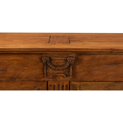 Caracoly Credenza by Sarreid Ltd. in brown and fruitwood finish 2 adj. shelves. Made from solid walnut in a rustic style.