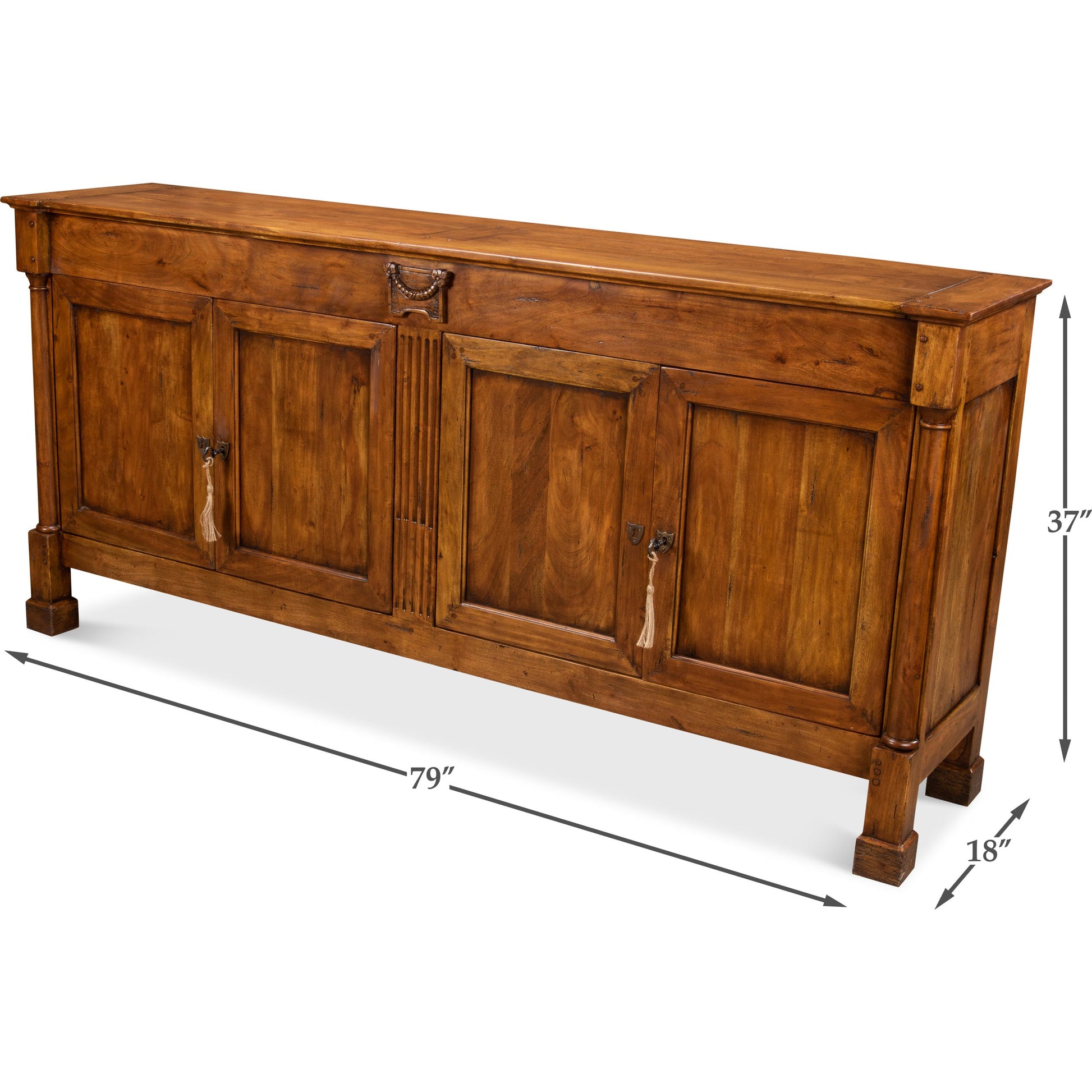 Caracoly Credenza by Sarreid Ltd. in brown and fruitwood finish 2 adj. shelves. Made from solid walnut in a rustic style.