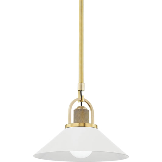 Syosset 1 Light Pendant by Hudson Valley in aged brass. Made from steel in a transitional style.