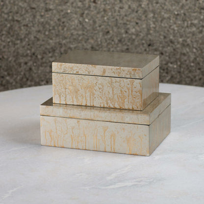 Leaf Box by Global Views in champagne, vietnamese lacquer. Made from mdf in a transitional style.
