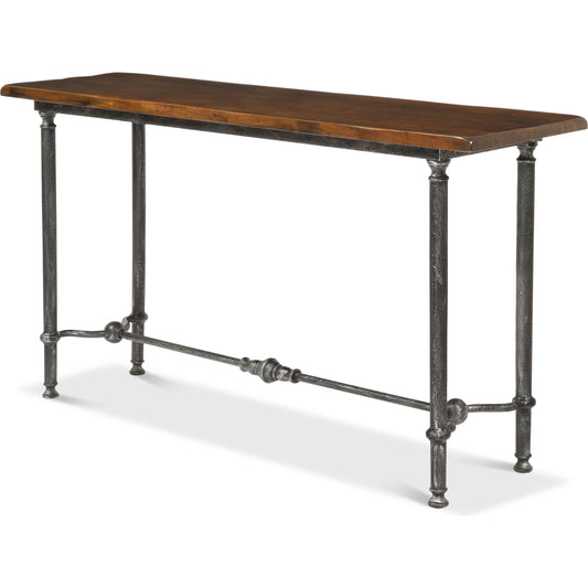 Layton Lodge Console Table by Sarreid Ltd. in gray and natural antique & old iron finish. Made from solid walnut, iron in a rustic style.