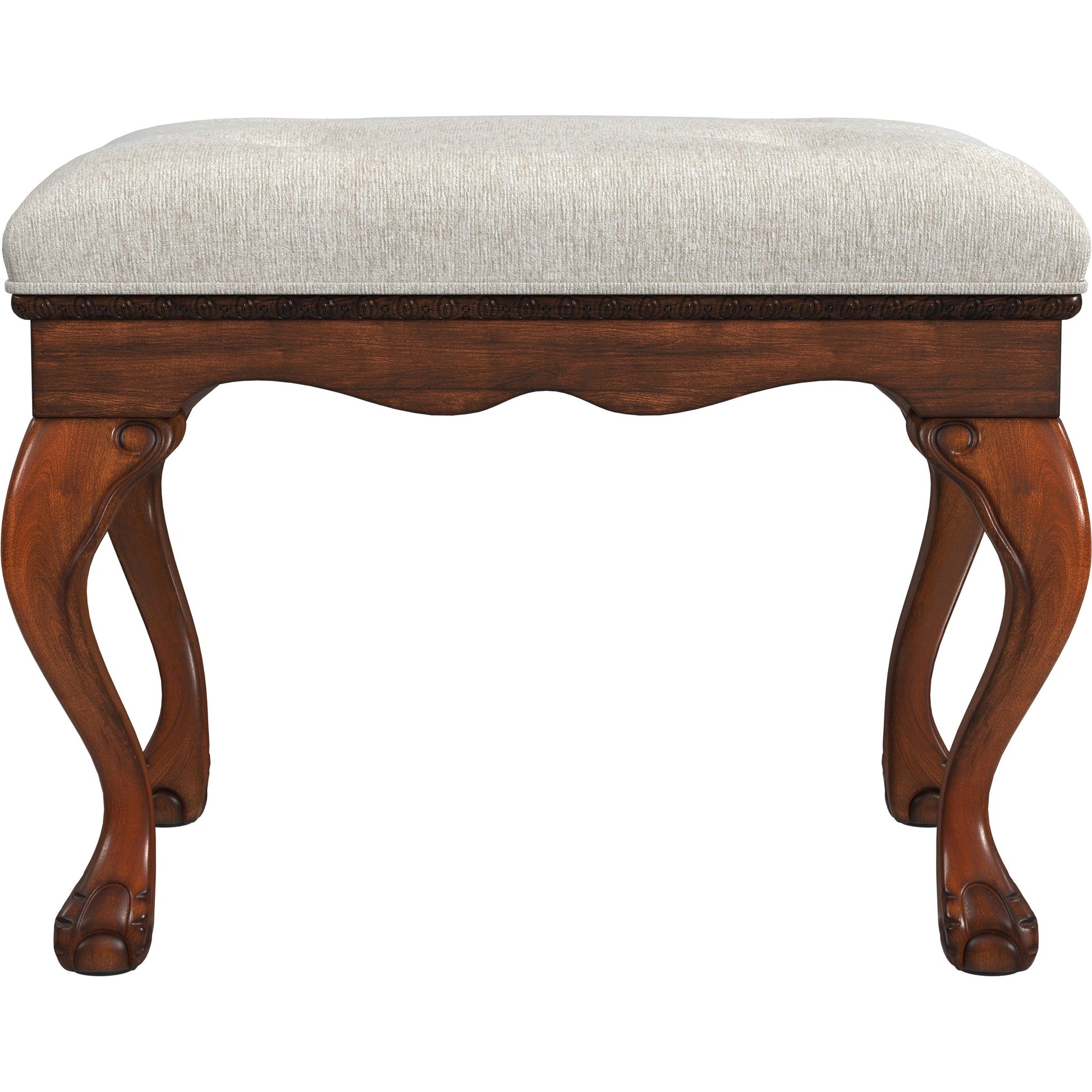 Ashford Upholstered Vanity Stool by Butler Specialty Company in ivory and powder gray. Made from rubberwood solids, mdf, resin, urethane foam, cotton in a traditional style.