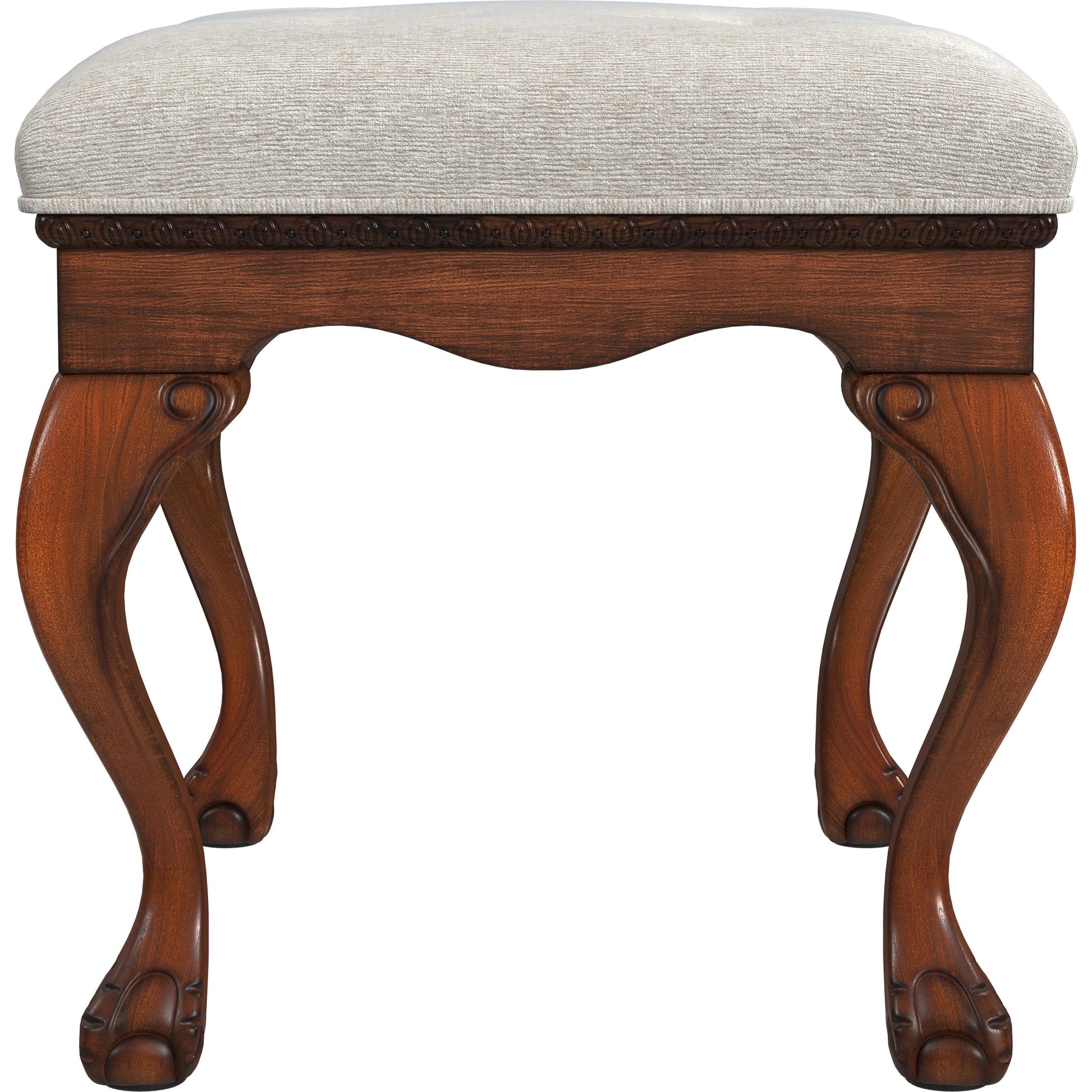Ashford Upholstered Vanity Stool by Butler Specialty Company in ivory and powder gray. Made from rubberwood solids, mdf, resin, urethane foam, cotton in a traditional style.
