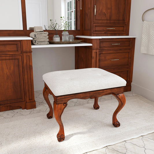 Ashford Upholstered Vanity Stool by Butler Specialty Company in ivory and olive ash. Made from rubberwood solids, mdf, resin, urethane foam, cotton in a traditional style.