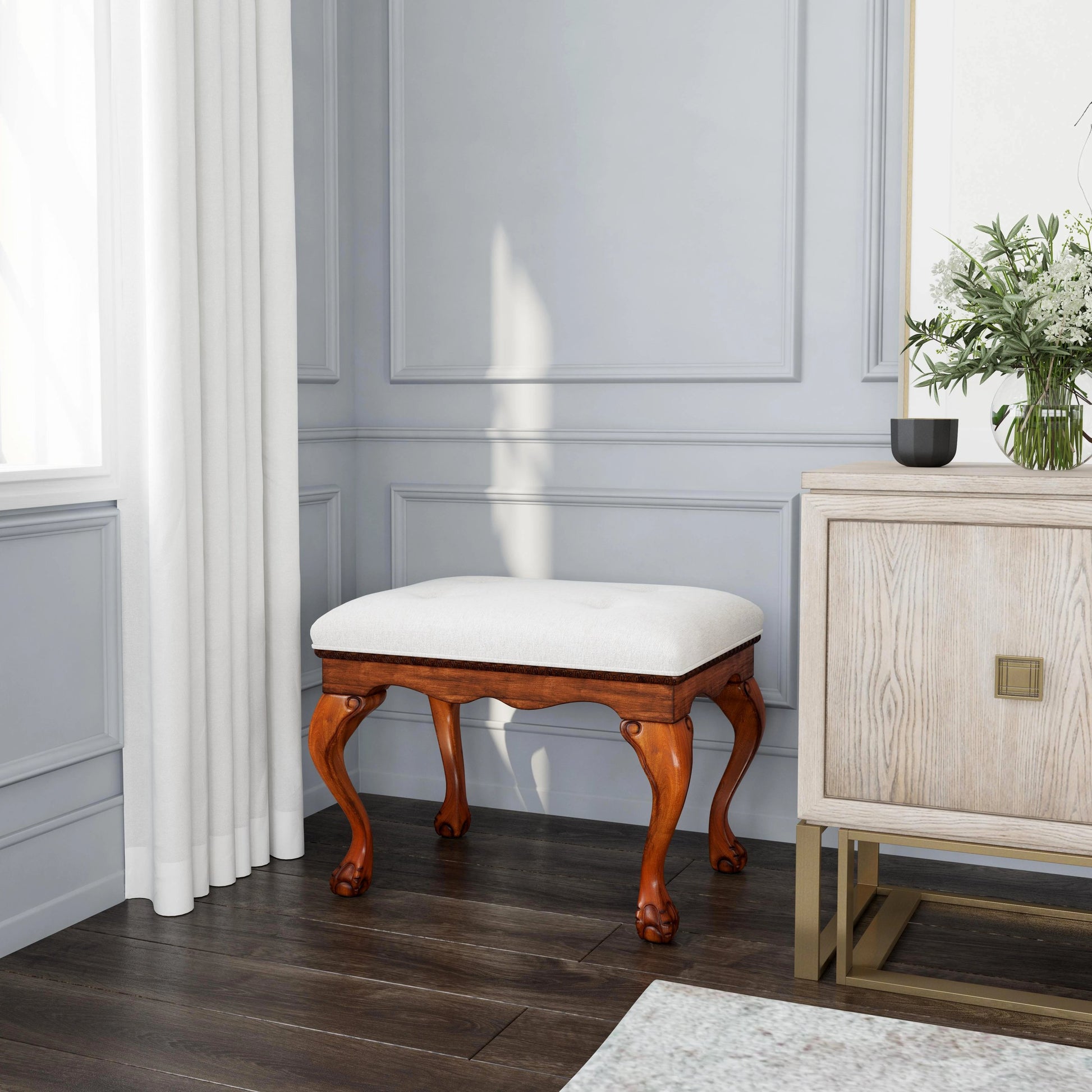 Ashford Upholstered Vanity Stool by Butler Specialty Company in ivory and powder gray. Made from rubberwood solids, mdf, resin, urethane foam, cotton in a traditional style.