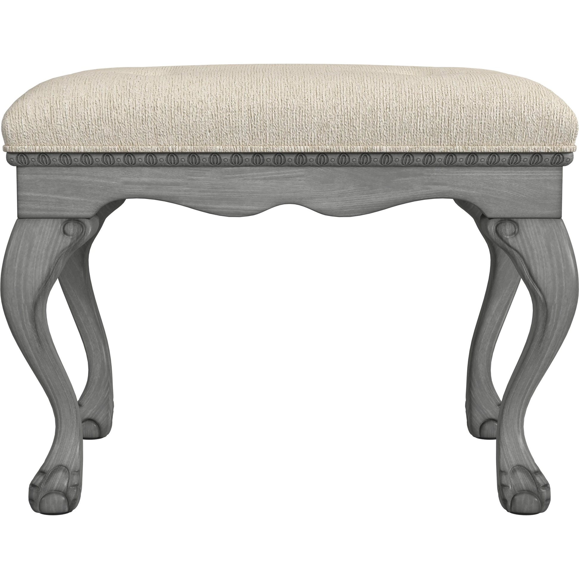 Ashford Upholstered Vanity Stool by Butler Specialty Company in ivory and powder gray. Made from rubberwood solids, mdf, resin, urethane foam, cotton in a traditional style.
