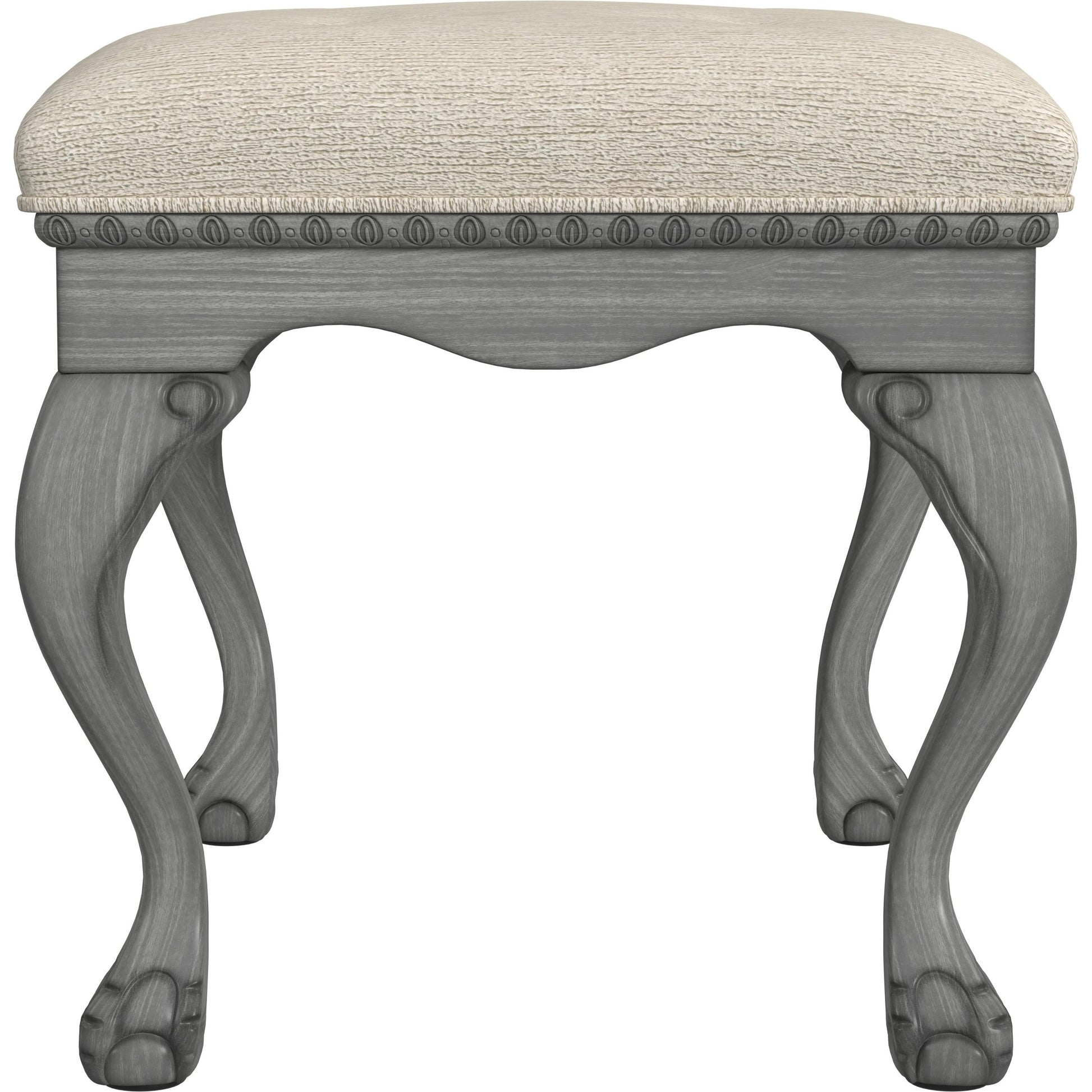 Ashford Upholstered Vanity Stool by Butler Specialty Company in ivory and powder gray. Made from rubberwood solids, mdf, resin, urethane foam, cotton in a traditional style.