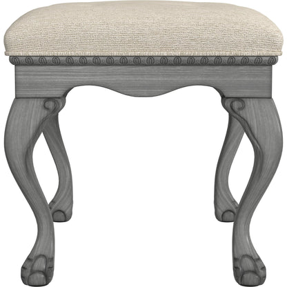 Ashford Upholstered Vanity Stool by Butler Specialty Company in ivory and powder gray. Made from rubberwood solids, mdf, resin, urethane foam, cotton in a traditional style.