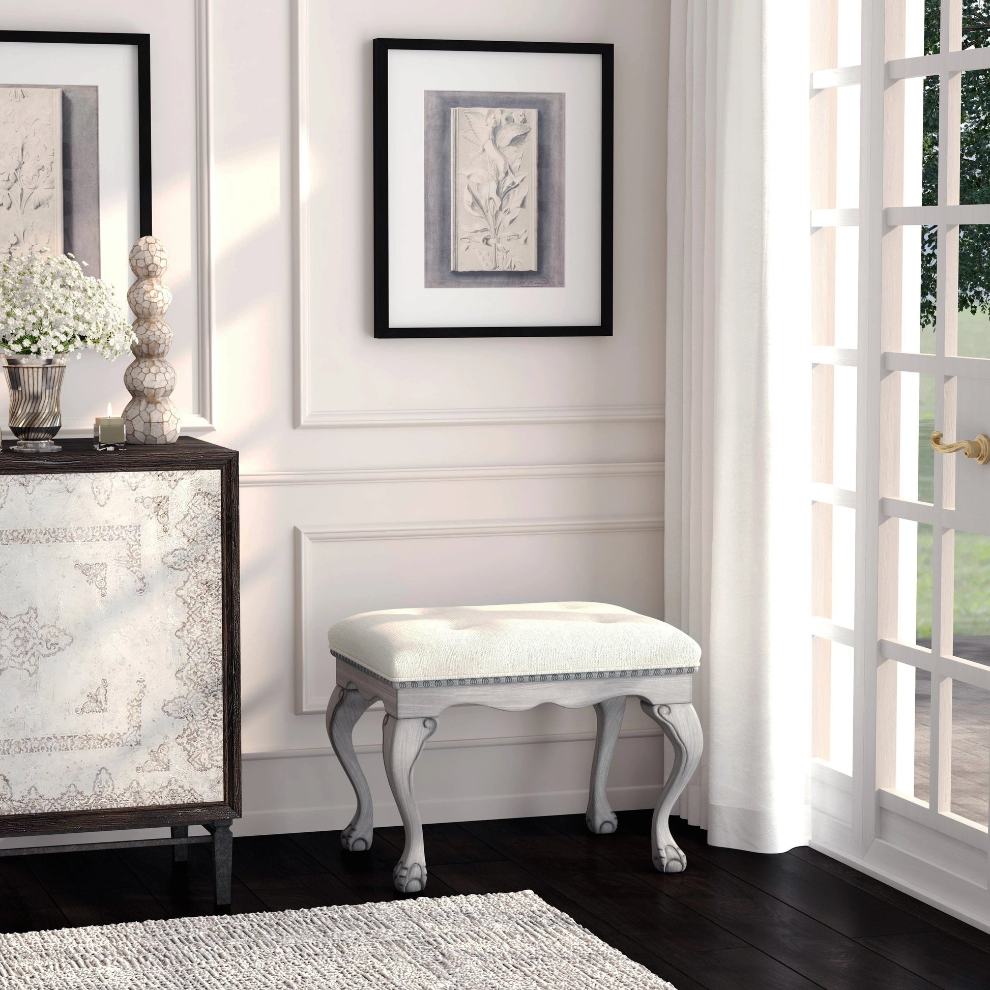 Ashford Upholstered Vanity Stool by Butler Specialty Company in ivory and powder gray. Made from rubberwood solids, mdf, resin, urethane foam, cotton in a traditional style.