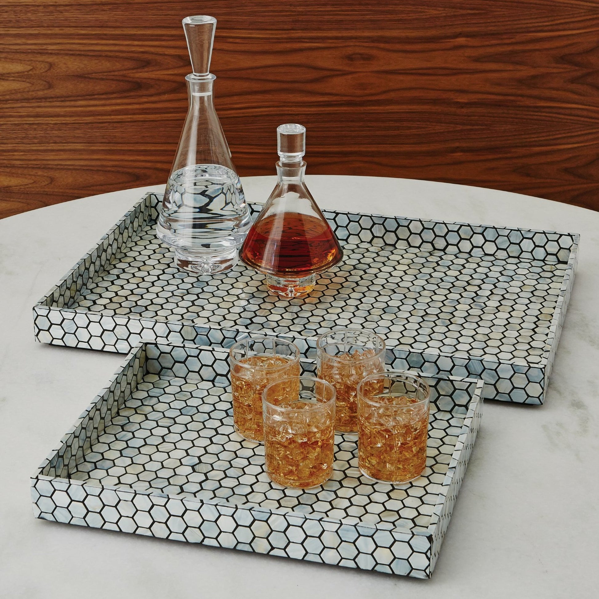 Mother of Pearl Tray by Global Views. Made from mdf, plywood, mother of pearl in a coastal style.