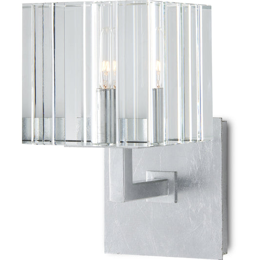 Valerio Wall Sconce by Currey and Company in silver leaf. Made from metal, optic crystal in a transitional style.