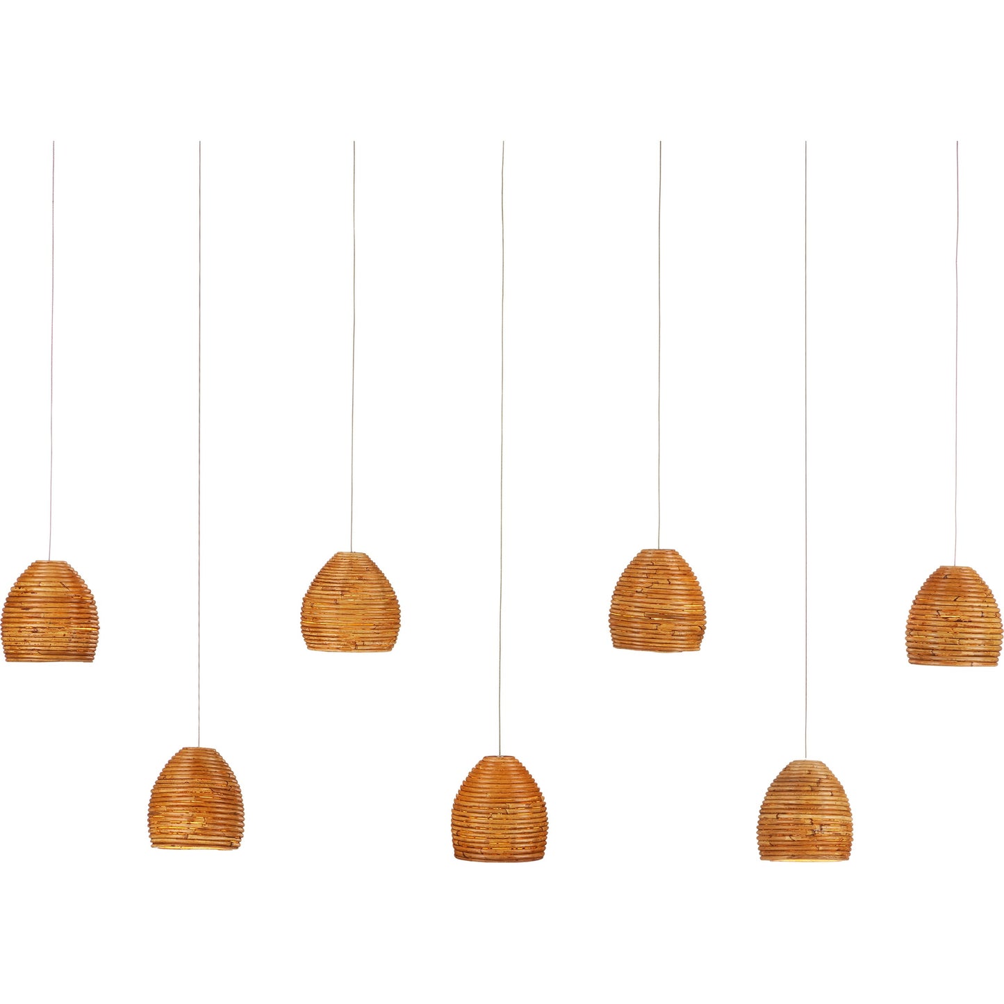001 SI-1923824 | Primary Silo | Beehive Rectangular 7-LIGHT Multi-Drop Pendant by Currey and Company in natural rattan, silver. Made from rattan, wood in a modern style.