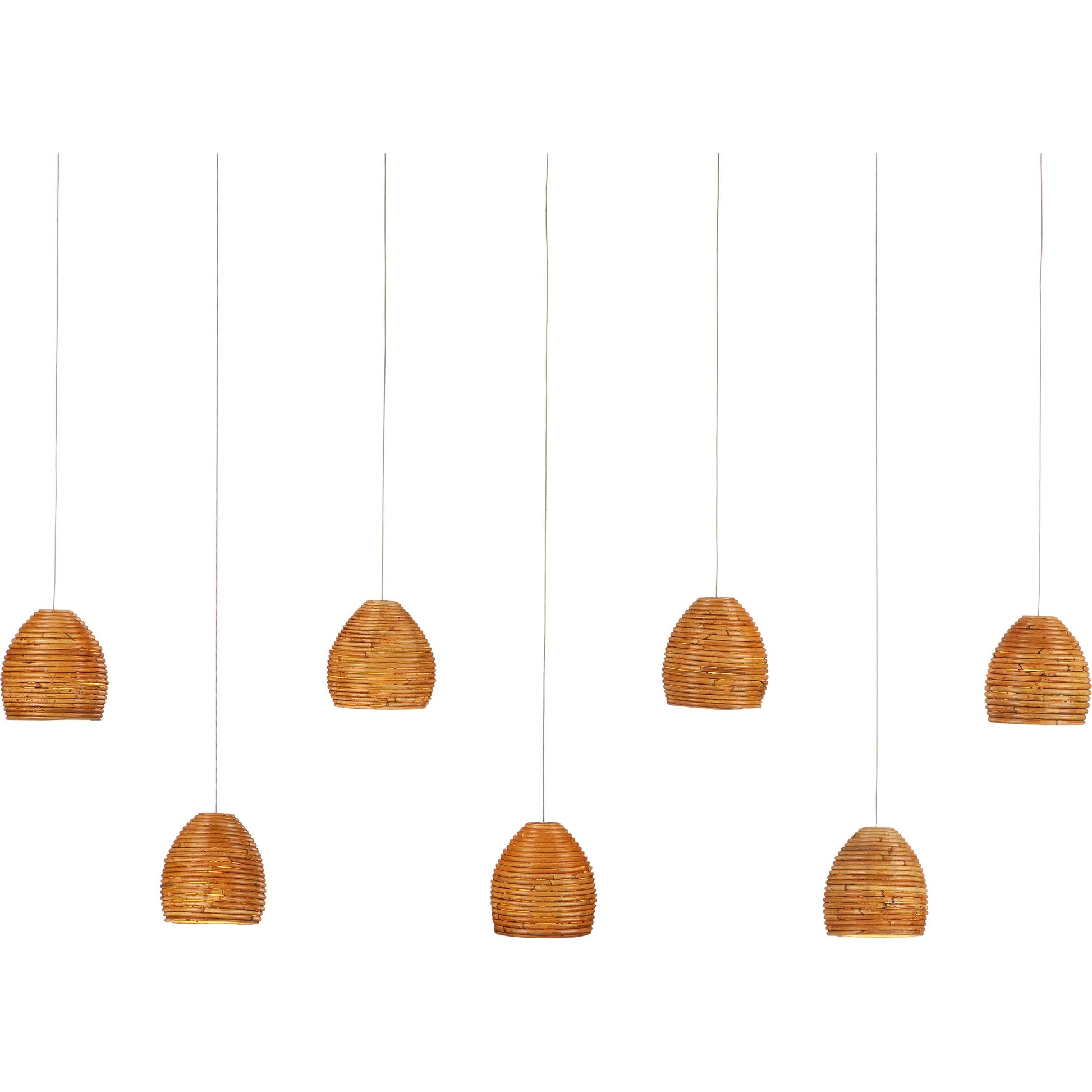 Beehive Rectangular 7-LIGHT Multi-Drop Pendant by Currey and Company in natural rattan, silver. Made from rattan, wood in a modern style.