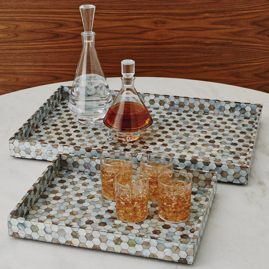 Mother of Pearl Tray by Global Views in pale blue. Made from mdf, plywood, mother of pearl in a coastal style.