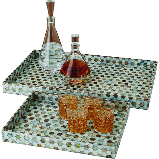 Mother of Pearl Tray by Global Views in pale blue. Made from mdf, plywood, mother of pearl in a coastal style.