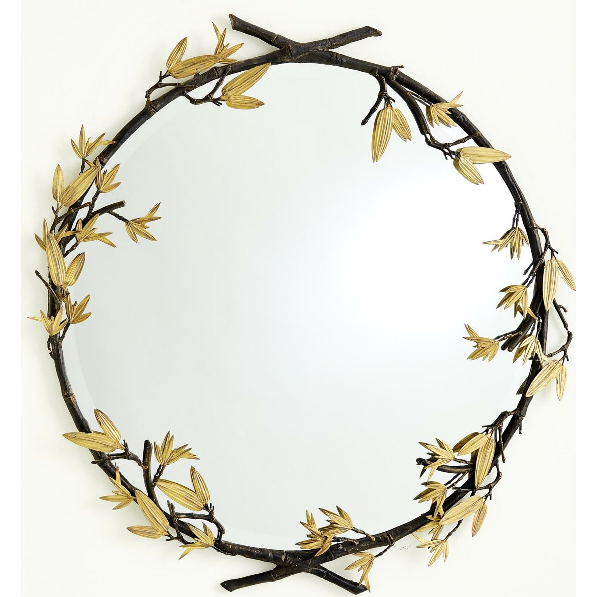 Bamboo Round Mirror by Global Views in bronze. Made from cast iron, mirror in a transitional style.