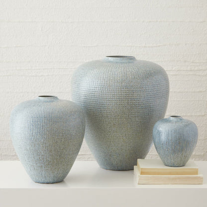 Check Bulbous Vase by Global Views in silver blue. Made from ceramic in a eclectic & global style.