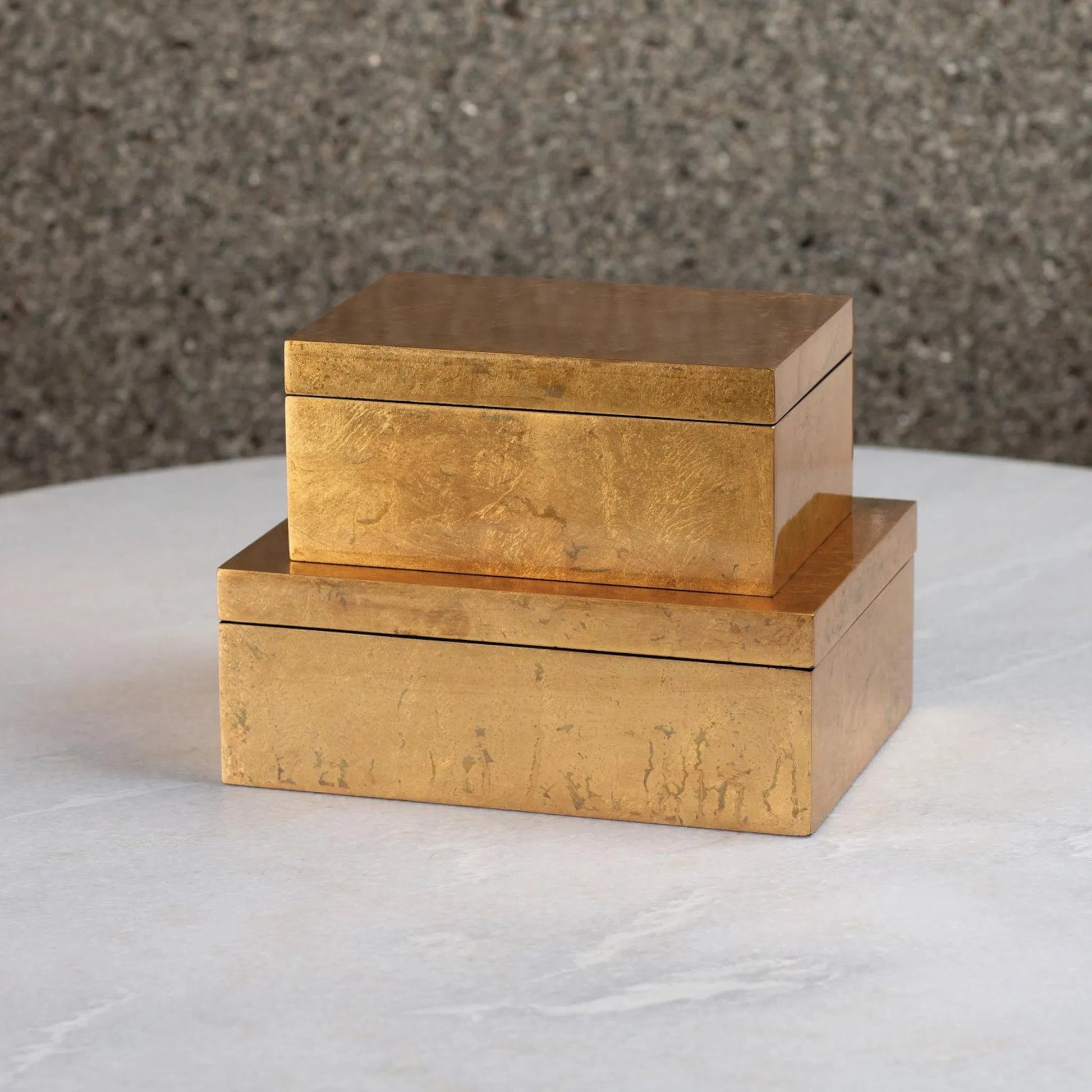 Luxe Leaf Box by Global Views in vietnamese lacquer, gold leaf. Made from mdf in a transitional style.