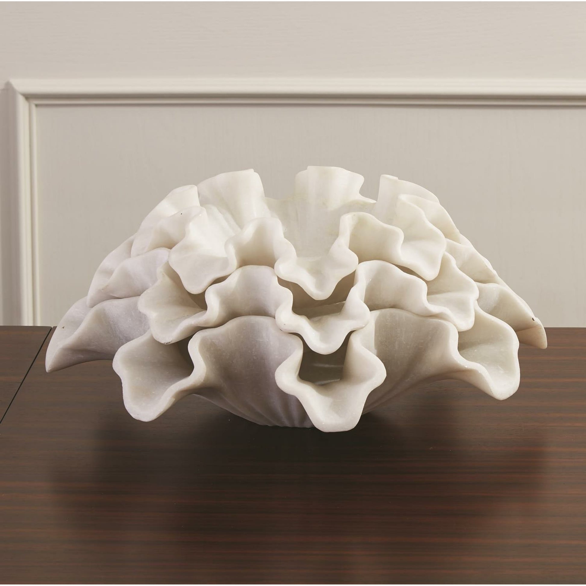 Marble Ruffle Bowl by Global Views in white. Made from rajnagar marble in a coastal style.