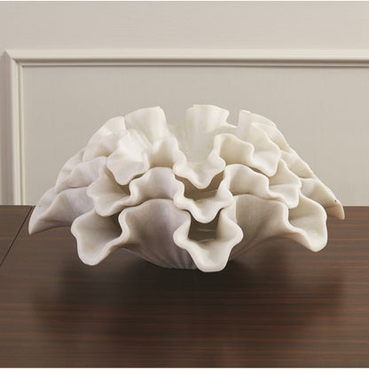 Marble Ruffle Bowl by Global Views in white. Made from rajnagar marble in a coastal style.