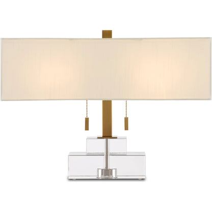 Chiara Table Lamp by Currey and Company in clear, antique brass. Made from optic crystal, metal in a transitional style.