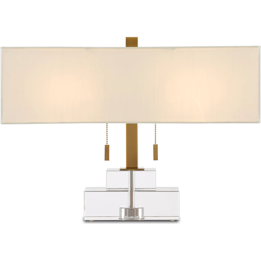 Chiara Table Lamp by Currey and Company in clear, antique brass. Made from optic crystal, metal in a transitional style.