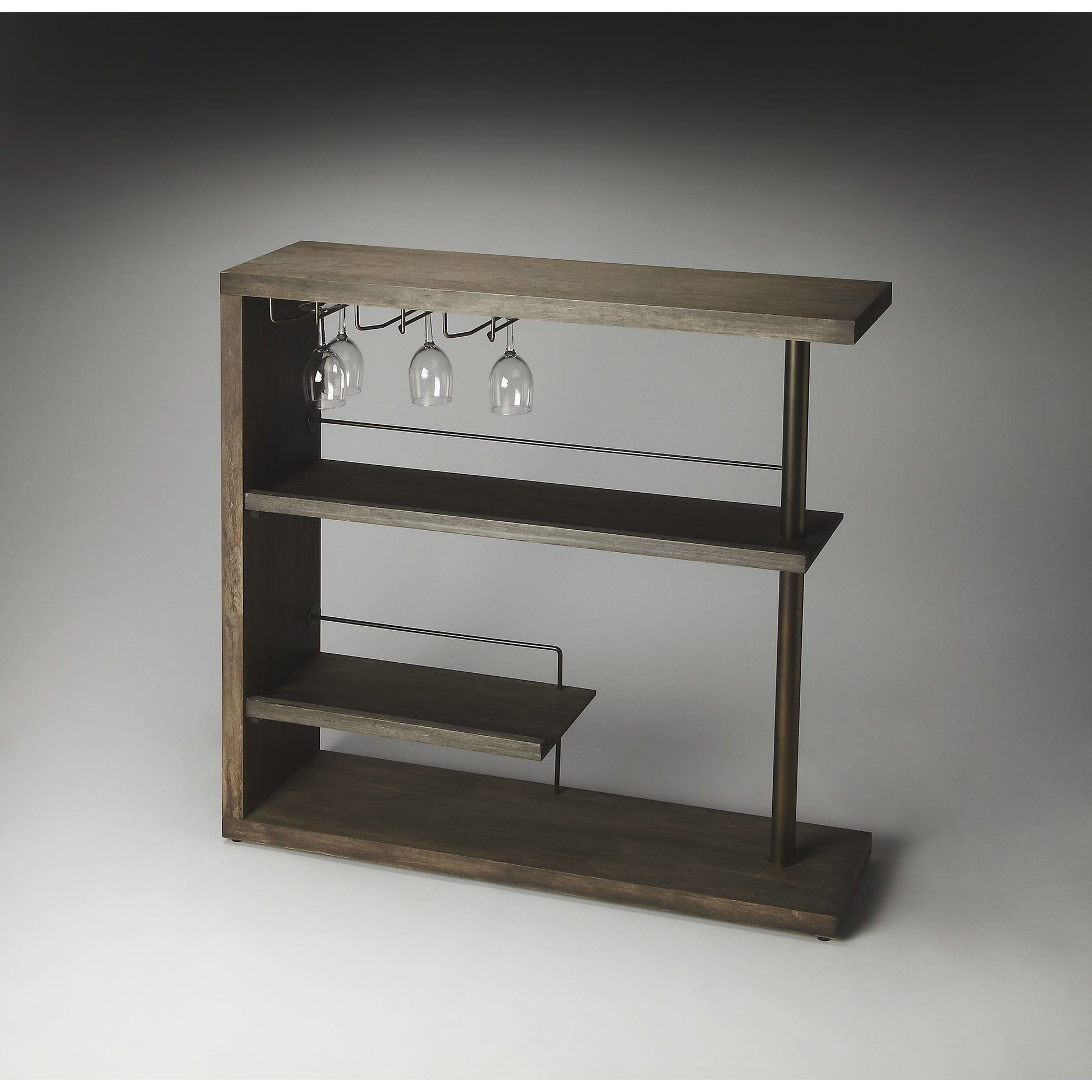 Broadway Modern Bar Cabinet by Butler Specialty Company in gray and gray dawn. Made from mindy wood solids, mdf, stainess steel in a modern style.