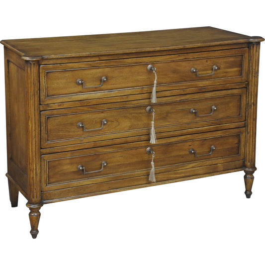 Ciborium Chest Of Drawers by Sarreid Ltd. in brown and faux keyhole escutcheon. Made from solid walnut in a rustic style.