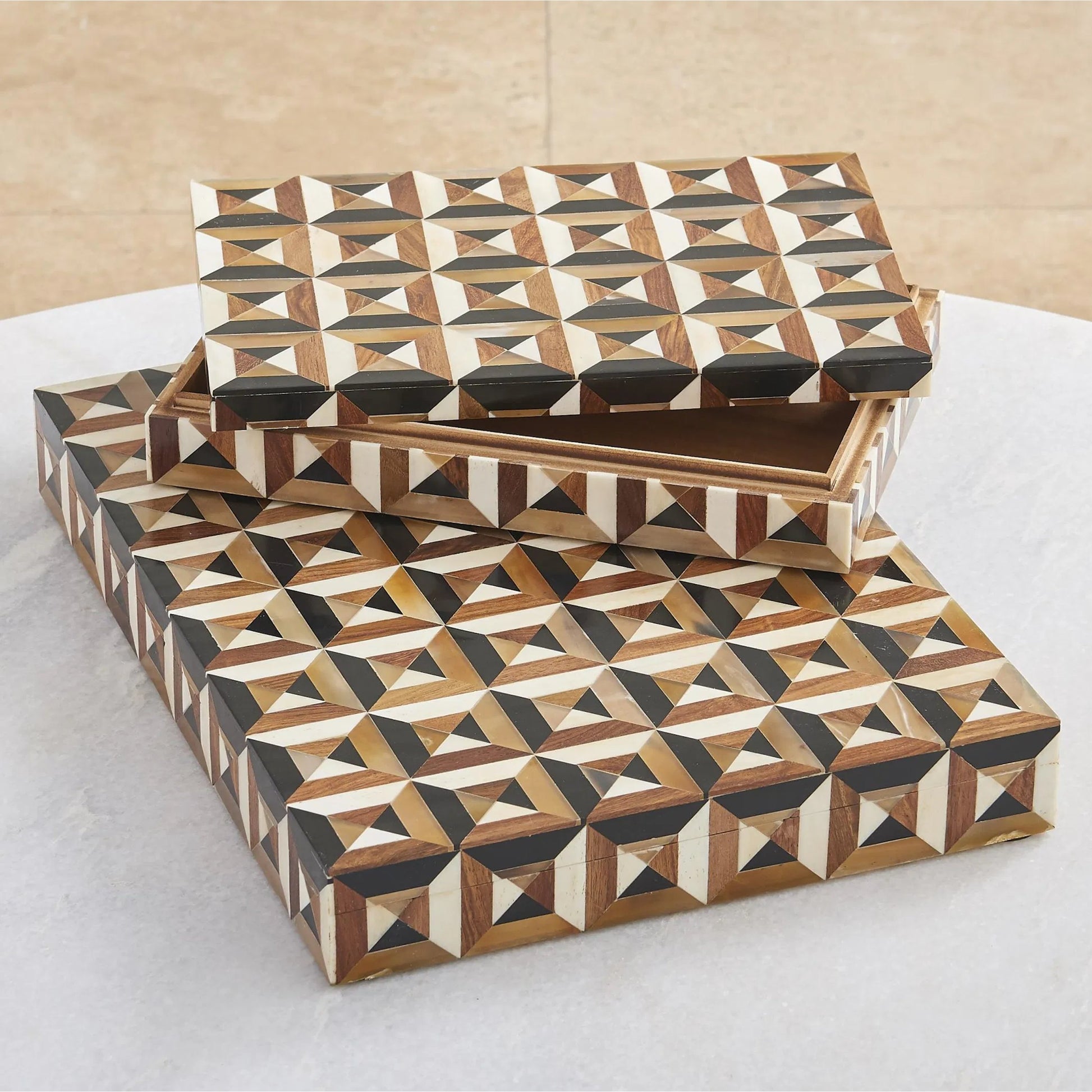Triangle Marquetry Box by Global Views in natural. Made from mdf teak wood, bone, resin, teak in a unique style.