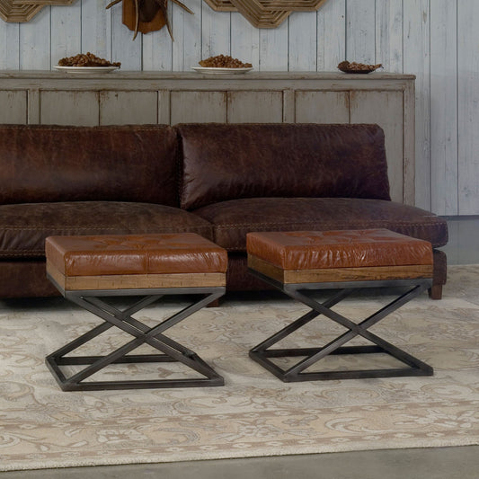 Leather Cushion Bench by Sarreid Ltd. in brown and dull natural finish;bismark leather. Made from wood, leather, iron in a cottage & farmhouse style.