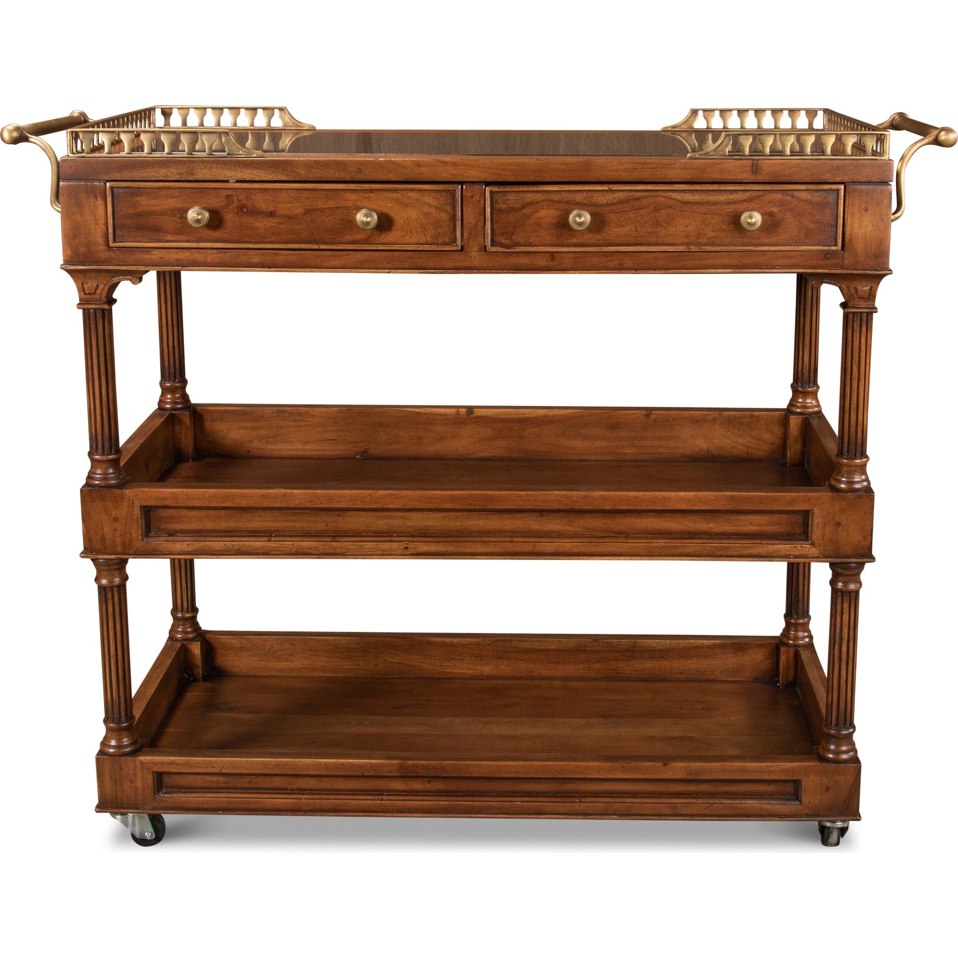 Capital Serving Cart by Sarreid Ltd. in brown and fruitwood finish caster wheel. Made from solid walnut, brass in a traditional style.