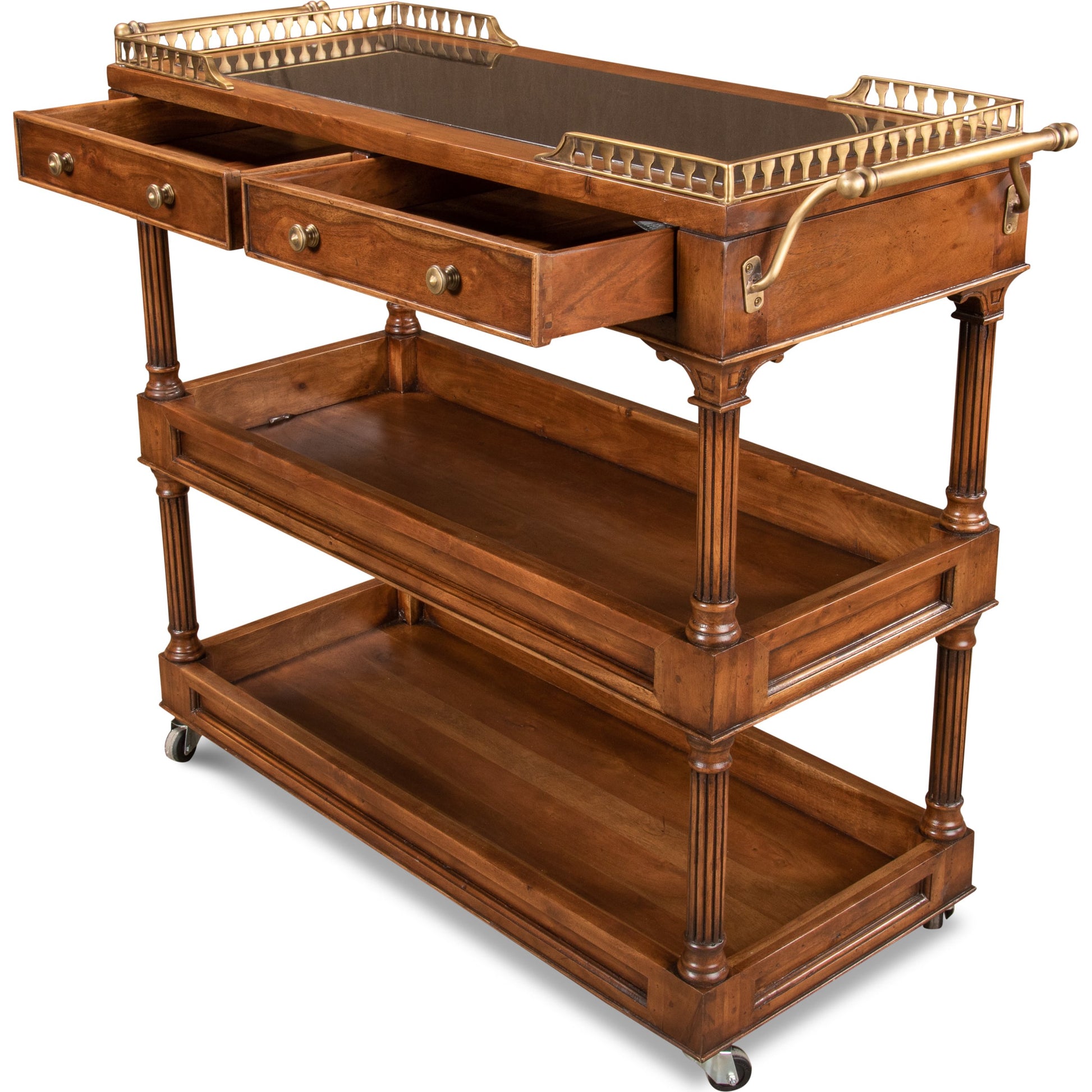 Capital Serving Cart by Sarreid Ltd. in brown and fruitwood finish caster wheel. Made from solid walnut, brass in a traditional style.