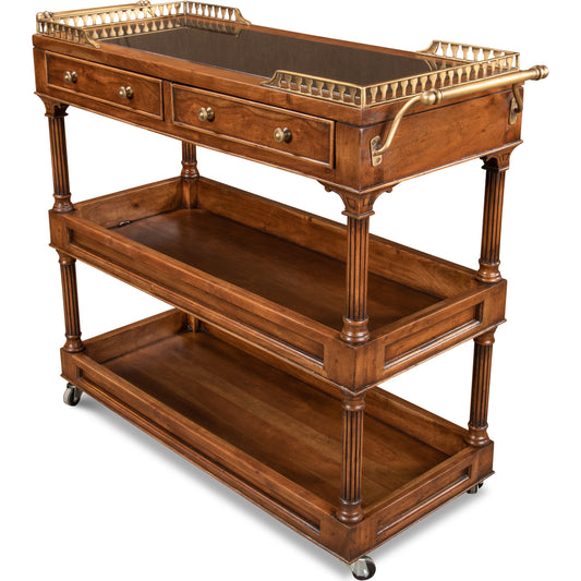 Capital Serving Cart by Sarreid Ltd. in brown and fruitwood finish caster wheel. Made from solid walnut, brass in a traditional style.