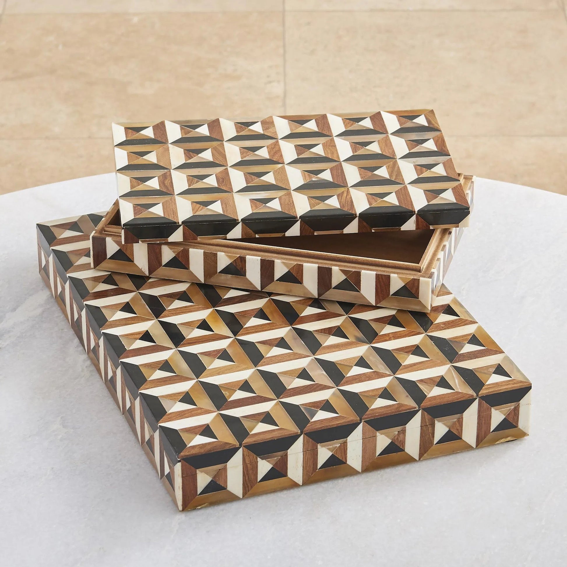 Triangle Marquetry Box by Global Views in natural. Made from mdf teak wood, bone, resin, teak in a unique style.