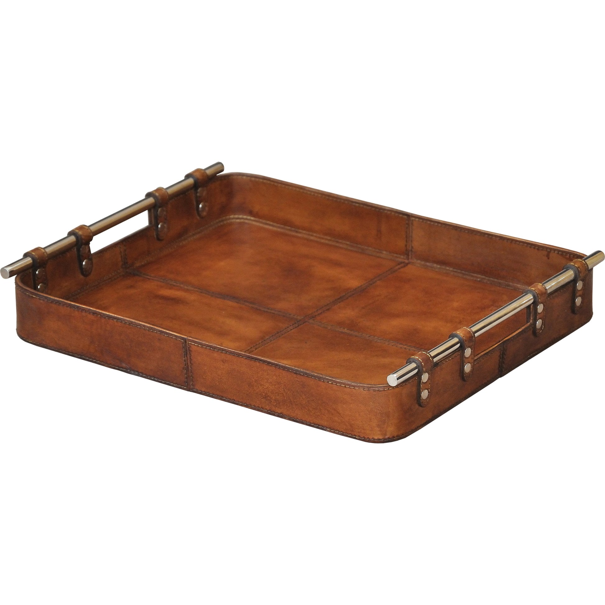 Safari Tray by Sarreid Ltd. in brown and tobacco leather color. Made from wood, leather, brass in a modern style.