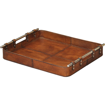 Safari Tray by Sarreid Ltd. in brown and tobacco leather color. Made from wood, leather, brass in a modern style.
