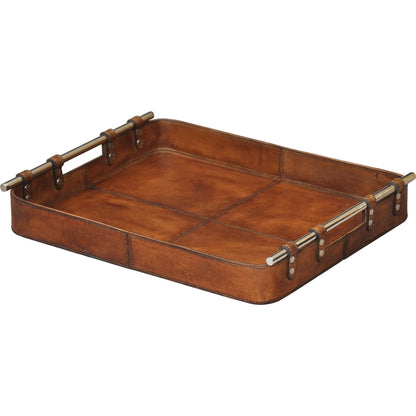 Safari Tray by Sarreid Ltd. in brown and tobacco leather color. Made from wood, leather, brass in a modern style.