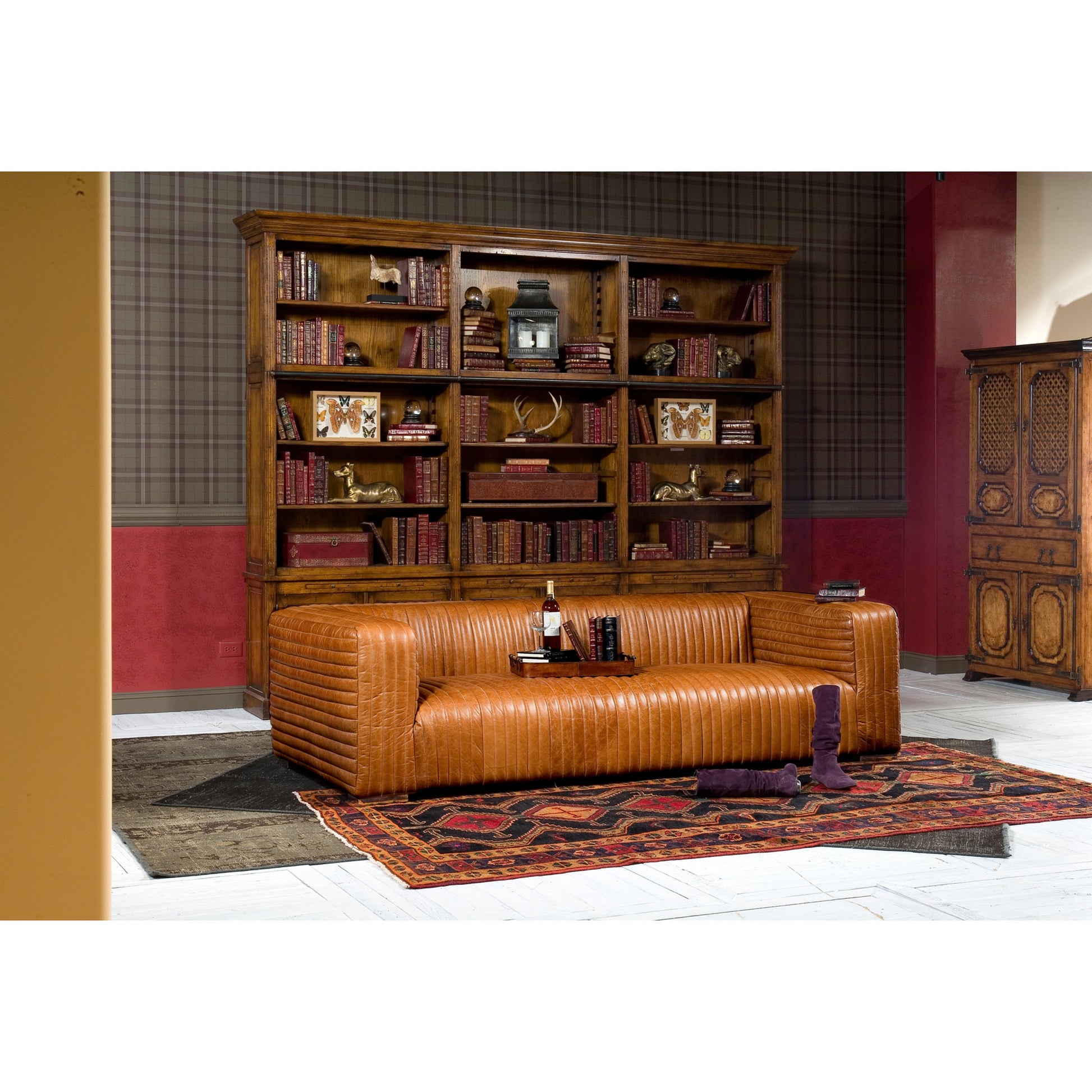 Safari Tray by Sarreid Ltd. in brown and tobacco leather color. Made from wood, leather, brass in a modern style.