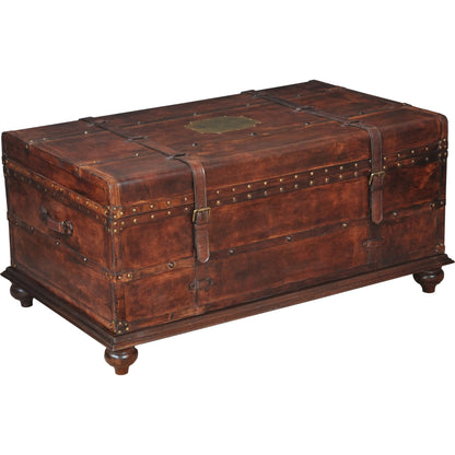 Laramie Trunk Coffee Table by Sarreid Ltd. in brown and wood iron brass. Made from wood, leather, iron in a cottage & farmhouse style.
