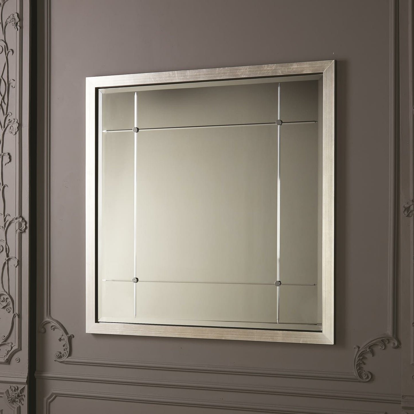 002 SR-700802 | Lifestyle | Beaumont Square Mirror by Global Views in silver leaf, nickel, brass. Made from mdf, mirror in a transitional style.
