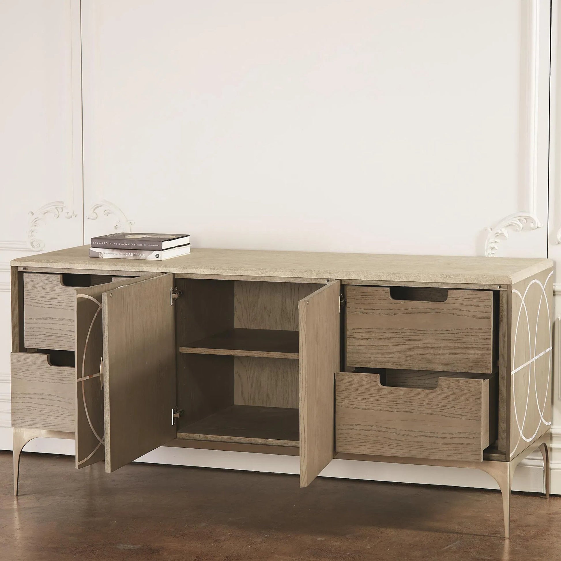 Holborn Collection Cabinet by Global Views in gray, oak. Made from oak, stainless steel, mother of pearl in a transitional style.