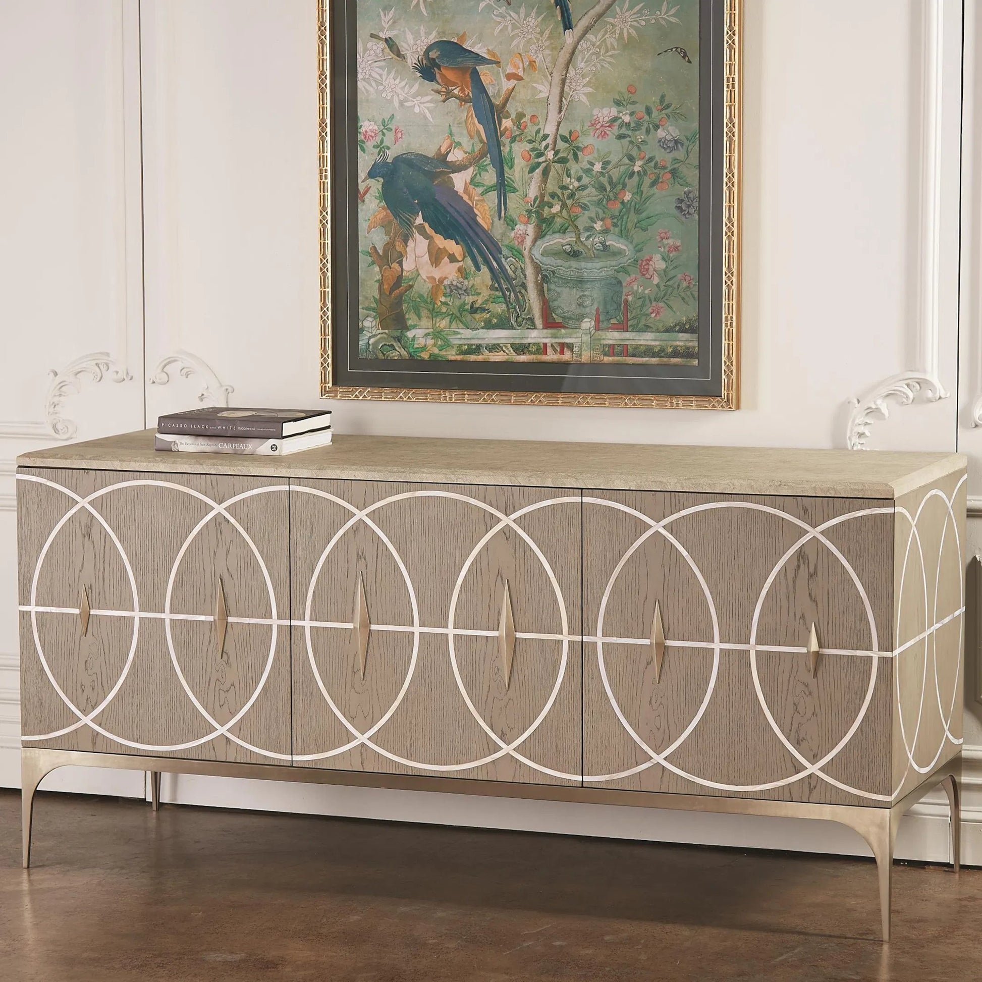 Holborn Collection Cabinet by Global Views in gray, oak. Made from oak, stainless steel, mother of pearl in a transitional style.