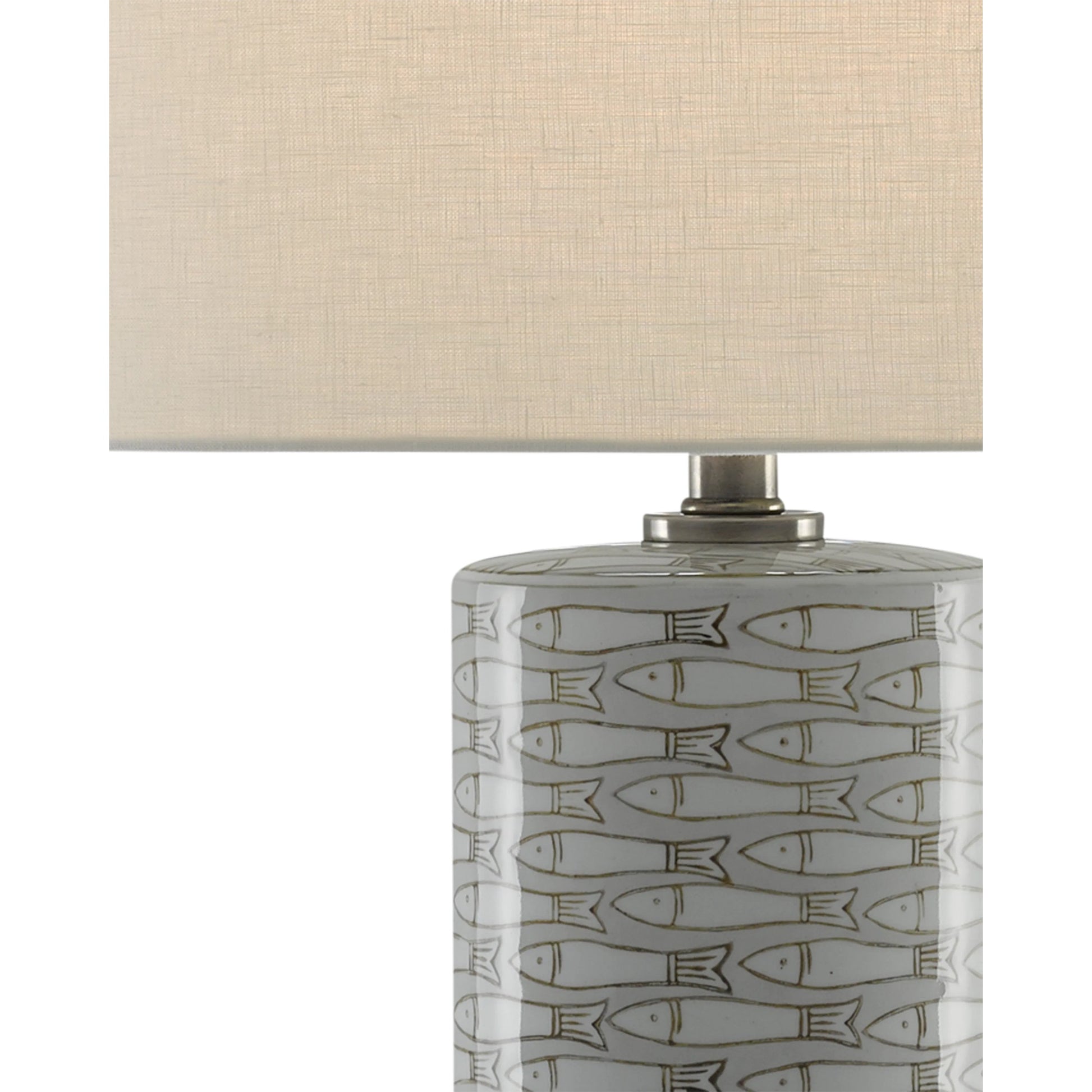Fisch Table Lamp by Currey and Company in gray, white, antique nickel. Made from porcelain in a coastal style.