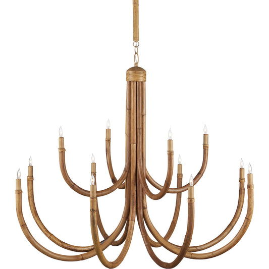 Samsara Chandelier by Currey and Company in natural, saddle tan. Made from rattan, wrought iron in a unique style.