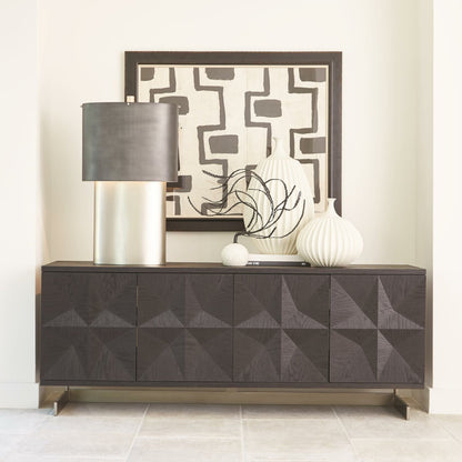 Cantilevered Star Media Cabinet by Global Views in light wire brush black, brushed satin nickel, oak, crown cut. Made from oak, steel in a modern style.