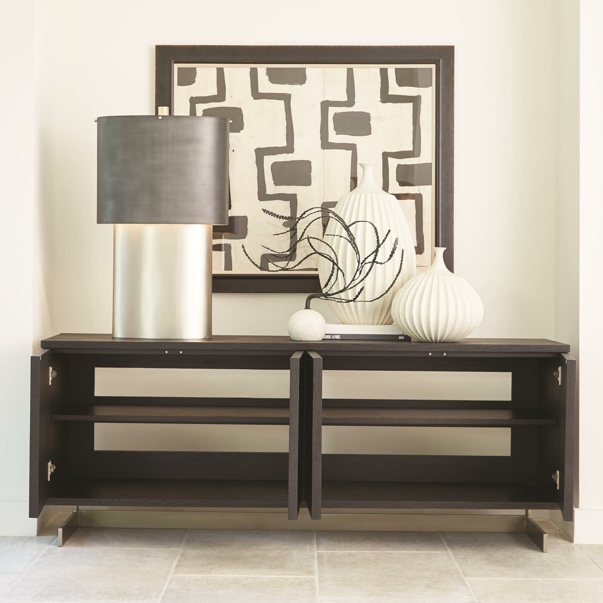 Cantilevered Star Media Cabinet by Global Views in light wire brush black, brushed satin nickel, oak, crown cut. Made from oak, steel in a modern style.