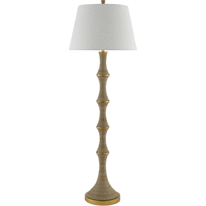 Bourgeon Floor Lamp by Currey and Company in natural, dark contemporary gold leaf. Made from wood, abaca rope, wrought iron in a transitional style.