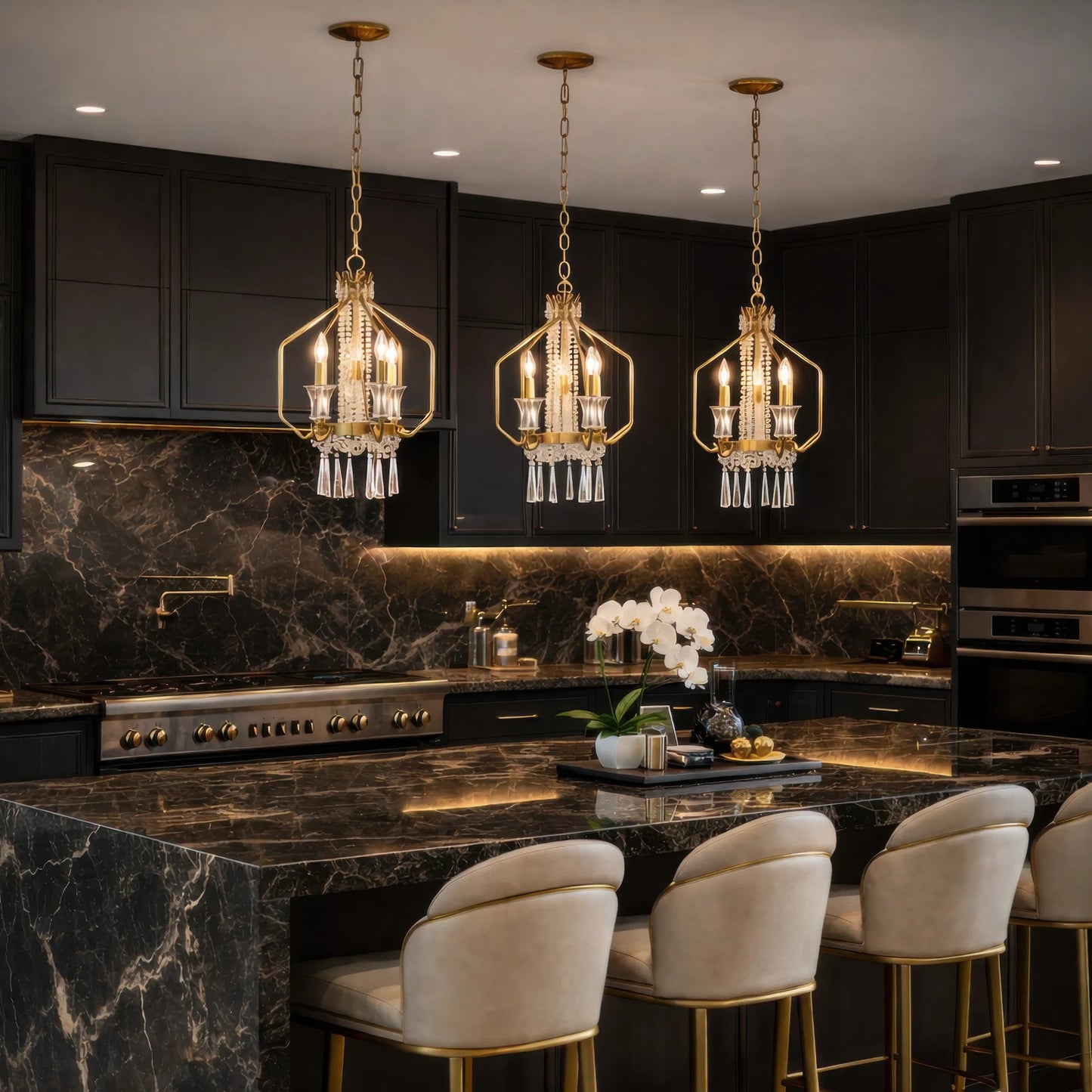 003 SI-2536903 | Lifestyle | Barcelona 3+1 Light Pendant by Varaluz in gold, brass. Made from steel, crystal in a unique style.